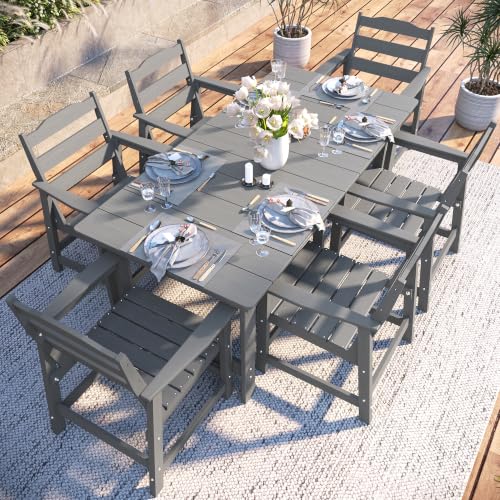 THOEOE Outdoor Dining Set of 7, Patio Dining Table and Chairs Grey | All-Aluminum Frame, HDPE, Waterproof, Umbrella Hole, Zero Collapse, Sturdy and Durable, for Garden, Pool, Deck - color: Grey, size: 7-Piece（1 Table＆ 6 Chairs）