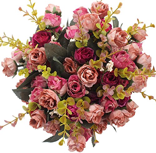 7 Branch 21 Mini Rose Heads Artificial Flowers Bouquet Wedding Home Office Decor,Pack of 4 (Rose Red) - color: Rose Red