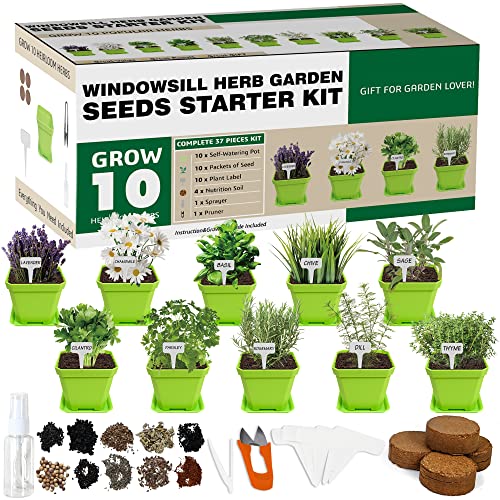 Meekear 10 Herb Seeds Garden Starter Grow Kit with Green Pots, Markers, Soil Discs, Watering, Herb Clipper, Complete Indoor Potted Plant Growing Set for Kitchen DIY - color: green