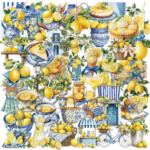 50PCS Italian Lemon Clear Stickers, Mediterranean Summer Aesthetic Decals | Waterproof Vintage Watercolor Lemon Scrapbook Stickers for Journals, Planners, Laptop, Water Bottle - color: Mediterranean Lemon