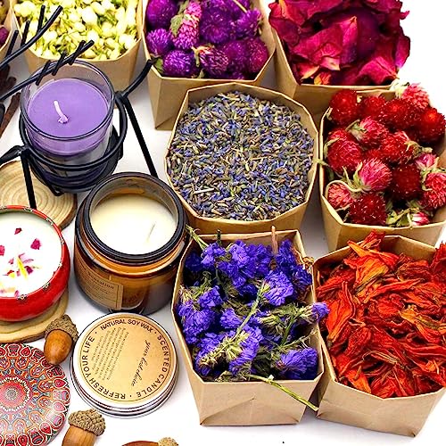 9 Bags Set Dried Flowers Artisan Dried Flower Kit - Candle Making Soap Making DIY Candel Natural Flowers-Lemon,Lavender,Roseleaf,Pink Rose,Red Rose,Jasmine,Rose Petal and More