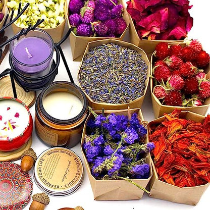 9 Bags Set Dried Flowers Artisan Dried Flower Kit - Candle Making Soap Making DIY Candel Natural Flowers-Lemon,Lavender,Roseleaf,Pink Rose,Red Rose,Jasmine,Rose Petal and More
