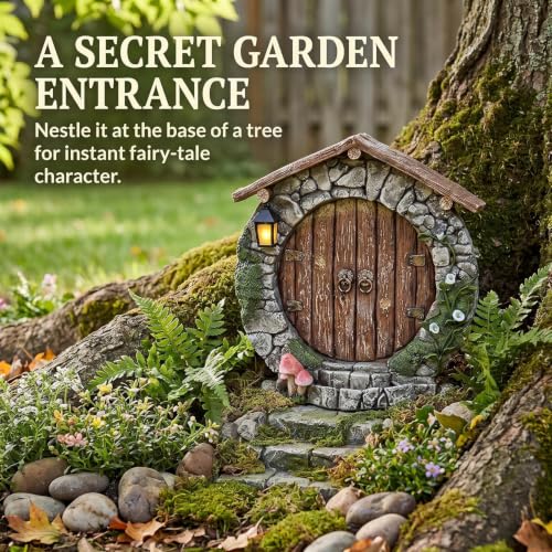 Fairy Garden Doors and Windows for Trees Miniature Fairy Gnome,Sculptures and Statues Wall and Trees Outdoor Wooden Doors and Windows in The Yard Garden Sculptures and Statues