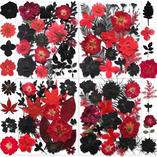 141PCS Black Red Dried Pressed Flowers for Resin - Youthbro Real Nature Flowers Butterfly Stikers Set for Christmas DIY Candle Soap Vase Making Nail Card Scrapbook Art Craft Floral Decors