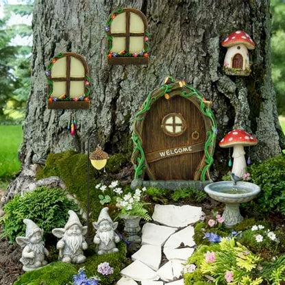 Miniature Fairy Door and Windows Garden Kit Accessories,Glow in The Dark Fairy Door Windows Yard Art Sculpture Decoration Garden Decor(Wood)