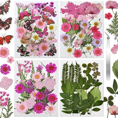 Dried Flowers for Resin 116Pcs Pink Real Natural Pressed Flowers | with 10 Butterfly Stickers, Dried Leaves kit for Scrapbook Supplies Card Making Resin - size: 116 pcs Pink Dried Flowers with Butterfly Stickers