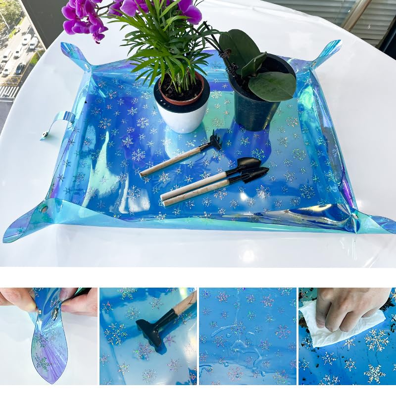Kasepie Plant Repotting Mat, PVC, Foldable and Waterproof, Holographic Blue with Snowflake Design, 19 x 27 Inch (Blue+Dot) - color: Blue+dot