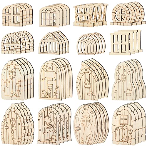 Yulejo 64 Pcs Mini Wooden Fairy Doors and Windows, Fairy House DIY Kit