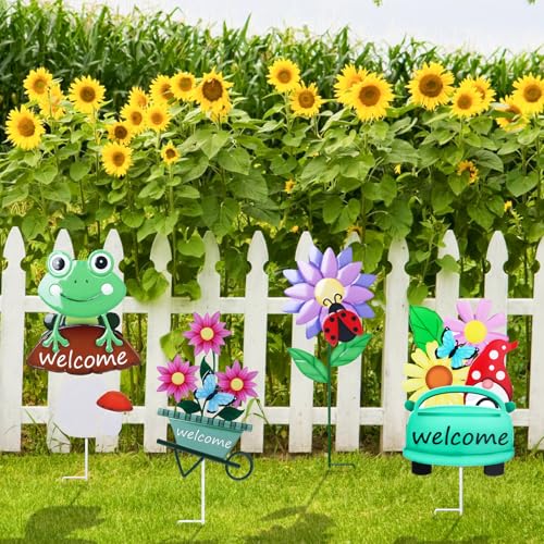 WONDER GARDEN Outdoor Garden Stakes Welcome Decor, 4Pcs Flower Yard Signs | Frog, Mushroom, Gnome, Butterfly and Ladybug, Spring Decor, Outdoor Garden Porch Lawn Decor Yard Art - color: Multicolor