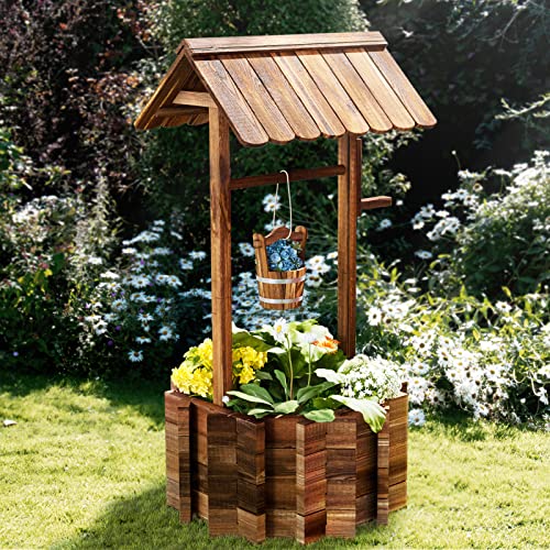 Wooden Wishing Well Planter for Outdoors with Hanging Bucket, Rustic Flower Planter Patio Garden Decorative, Brown (Brown) - size: 25.6" W/ Reinforcement Rod