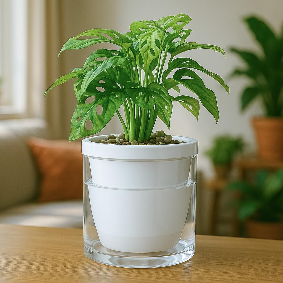 D'vine Dev Self-Watering White Terracotta Planter Pot, 6 in, 37-X-B-2 | Terracotta & Glass Design, Clear Water Reservoir, Visible Water Level, Easy Plant Care, Ideal for Busy Plant Lovers - color: White, size: 6 Inch