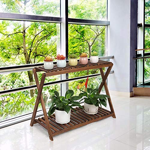Wood Plant Stand Shelf Indoor Outdoor 2 Tier Plant Bench Corner | Stepped Flower Stand Plant Table Planter Shelf Holder Rack in Patio Balcony Entryway Porch Livingroom (Classic X-Cross )