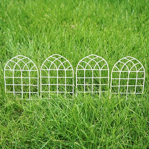 4PCS Mini Garden Stakes for Fairy Garden, Vintage Metal Arch Picks for Planters, Wrought Iron Mini Fence Style Ornaments, Potted Plants & Miniature Decor (Arched Lattice Fence)