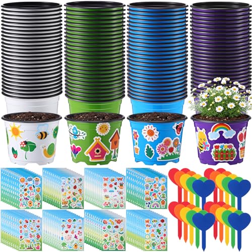 100 Sets Garden Pot Craft Kit, Flower Plant Spring Craft Including Plastic Nursery Plant Pots Labels Tags Stickers for DIY Flower Planting Growing Birthday Arts Kit (Classic) - style: Classic