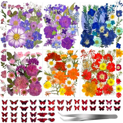 207 Pcs Dried Pressed Flowers for Crafts, Dried Pressed Flowers for Resin, Bulk Natural Dried Flowers Kit with Butterfly Stickers&Tweezers for DlY Resin Molds, Candles, Soap,Jewelry Making, Art Crafts