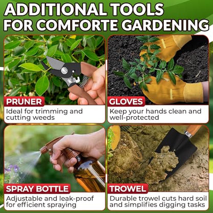 10 Pcs Gardening Tool Set for Women, Rust-Resistant Steel, Tote Bag | Garden Tools Set for Plant Care, Digging, Planting & Potting; Ergonomic Handles, Gloves & Spray Bottle; Gift for Plant Lovers - color: Yellow Set of 10
