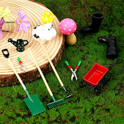 Miniature Fairy Garden Accessories Set 9 Pcs 1:12 Mini Metal Spade Pestle Kettle Wagon Rake Garden Watering Supplies Micro Landscape Ornaments Dollhouse Accessories