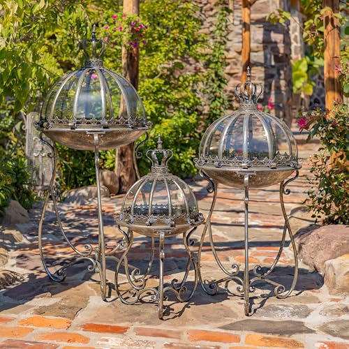 Set of 3 Glass Dome Terrariums with Iron Stands, Frosted Silver | Marseille 1792 - color: Frosted Silver