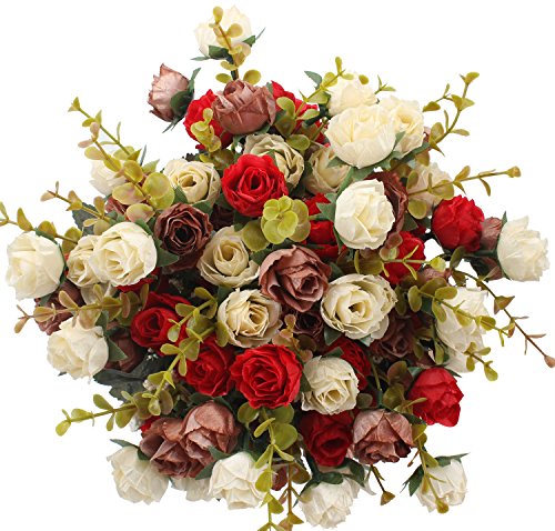 7 Branch 21 Heads Artificial Flowers Bouquet Mini Rose Wedding Home Office Decor,Pack of 4 (Red) - color: Red