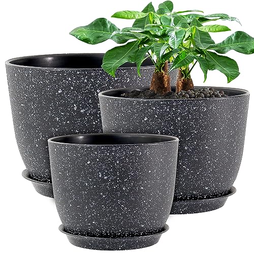 UOUZ 12/10/9 Large Modern Plant Pots, Plastic Planters with Drainage Holes and Saucers for Indoor Outdoor Plants Flowers, Black Speckles - color: Black Speckles