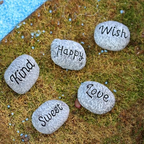 5pcs Inspirational Word Stones, Fairy Garden Accessories, Resin Miniature Pebbles for Fairy Garden Decor, Tiny Positive Message Rocks, Cute Plant Pot Ornaments - style: Tiny Rocks