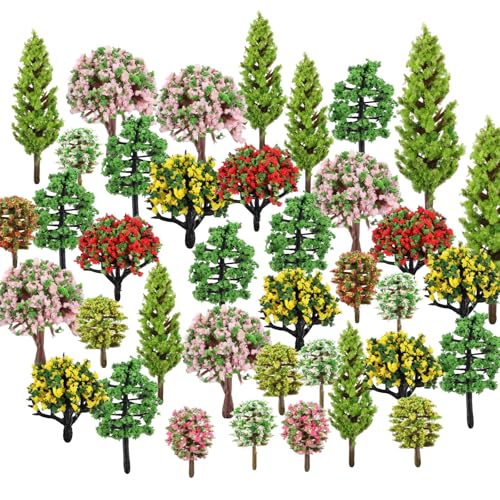 50pcs Model Trees 1.4-2.4" Mixed Diorama Model Tree Colourful Flower Trees Grass Architecture Mini Trees for Crafts Building Model Railway Scenery Landscape Supplies (Style 02) - color: Style 2