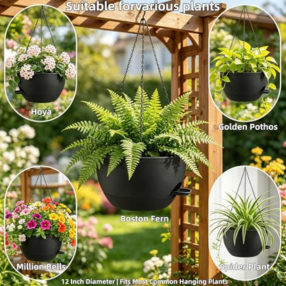 12" Self Watering Hanging Planters with Chains, Black, 2 Pack - color: Black, size: 2 pack 12 inches