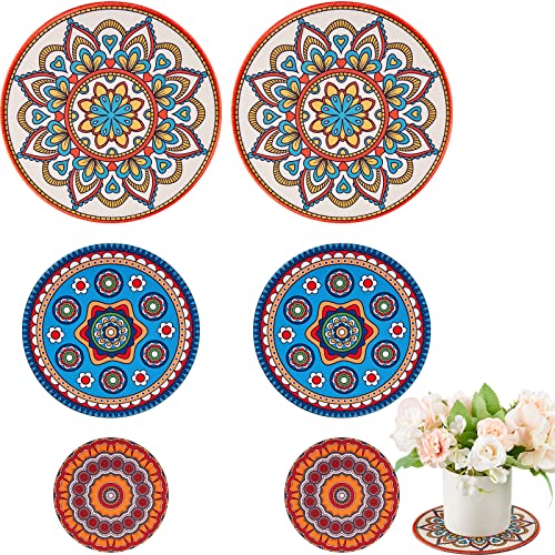 Nuanchu 6 Pcs Boho Plant Coasters 3 Size 3.94" 5.9" 7.87" Rubber Absorbent Non Slip Pot Mats Indoor Round Plant Decorative Pads Gardening Outdoor Patio Mandala Flower Protect Mat for Table Desk Floor - color: Classic, size: 4 Inch, 6 Inch, 8 Inch