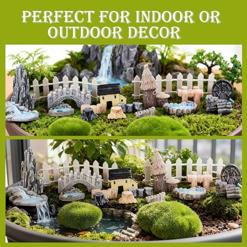 VerdantVibes 21-Piece Fairy Garden Kit with Mini Bridge, Waterwheel & Tree Stump Piers - Woodland Pond Decor Set for DIY Craft, Indoor/Outdoor Garden Accessories