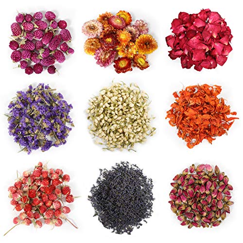 9 Bags Dried Flowers,100% Natural Dried Flowers Herbs Kit for Soap Making, DIY Candle Making,Bath - Include Rose Petals,Lavender,Don't Forget Me,Lilium,Jasmine,Rosebudsand More - color: 9 Bags*7g