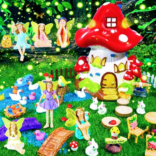 50 Pcs Fairy Garden Kit with Mushroom House, Fairy Figurines & Accessories