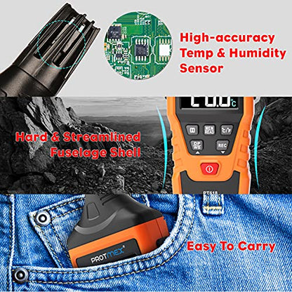 Protmex PT618 Temperature Humidity Meter - Wet Bulb for Indoor/Outdoor | Thermometer Hygrometer Monitor with Ambient, Dew Point, MIN, MAX, Data Hold, LCD Backlight - size: PT618