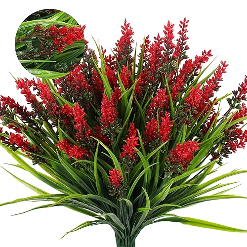 RECUTMS 12Pcs Fake Grass Plants Red Fake Plants Outdoor Artificial Grass - color: Red