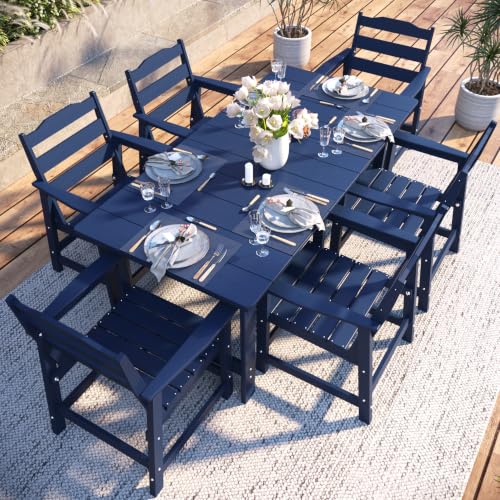 THOEOE Outdoor Dining Set of 7, Patio Dining Table and Chairs Navy Blue | All-Aluminum Frame, HDPE, Waterproof, Umbrella Hole, Zero Collapse, Sturdy and Durable, for Garden, Pool, Deck - color: Navy Blue, size: 7-Piece（1 Table＆ 6 Chairs）