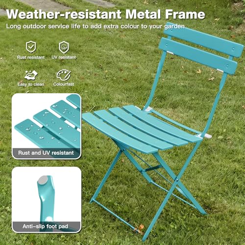 3 Pieces Bistro Set, Patio Table and Chairs Set,Peacock Blue | Weather and Rust Resistant,Steel Frame,Anti-slip Footpad,Foldable,Ideal for Poolside,Garden,Backyard,Front Porch,Balcony - color: Peacock Blue