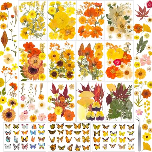 361Pcs Fall Dried Pressed Flowers Butterfly Stickers for Resin Crafts | Real Natural Dry Autumn Florals Leaves for Resin Jewelry Molds, Candle, Soap, Scrapbook, Bookmark, Frame, Card Making - color: 361 Pcs Pressed Flowers Butterfly Stickers