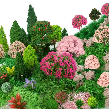 Mixed Model Trees, Model Train Scenery, 37Pcs, Miniature Trees with Moss for Building Model, Natural Green Landscape, Railroad Scenery