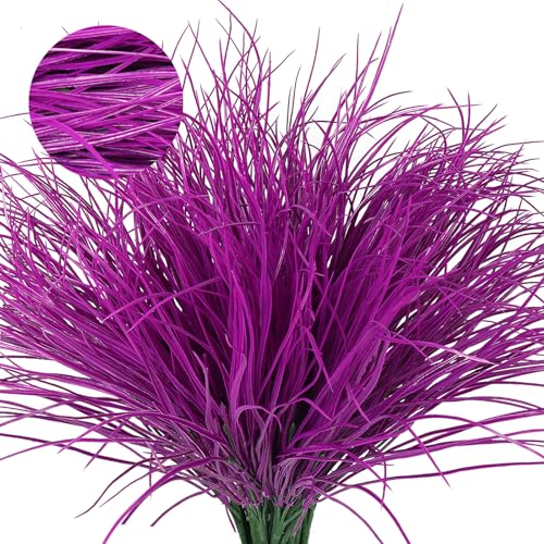 RECUTMS 12Pcs Artificial Fake Grass Plants Flowers Faux Plastic Wheat Grass - color: Pure Fuchsia Grass