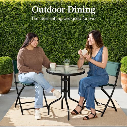 Best Choice Products 3-Piece Patio Bistro Dining Furniture Set w/Textured Glass Tabletop, 2 Steel Folding Chairs, Polyester Fabric - Dark Green - color: Dark Green