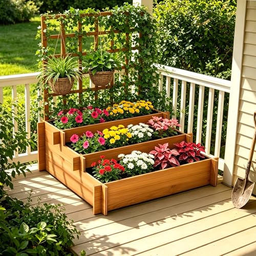 43" 3-Tier Fir Wood Raised Garden Bed Planter with Trellis | Fir wood tiered planter with trellis, liners, and 3 growing beds for flowers, herbs, veggies, vines, patio, or yard - color: 3-tier Raised Garden Bed With Trellis