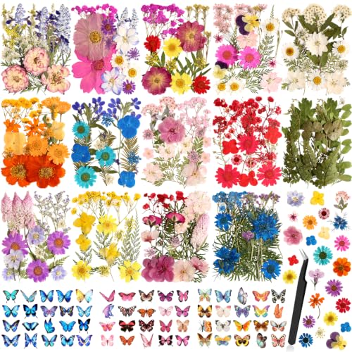 Dried Flowers for Crafts, 331 PCS Dried Pressed Flower Butterfly Stickers with Tweezers Real Natural Pressed Dried Florals Leaves for Resin, Jewelry, Card Making, Soap,Candles, Nail Art, Scrapbooking