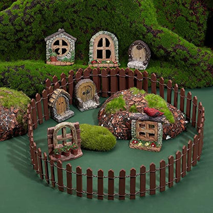 GORGECRAFT Miniature Fairy Garden Doors and Windows Resin Dollhouse Building Accessories Including Imitation Wood Door Window & Garden Fence for Micro Landscovere Decoration - style: Set 1
