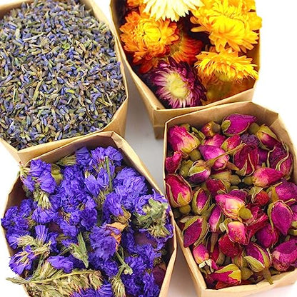 9 Bags Set Dried Flowers Artisan Dried Flower Kit - Candle Making Soap Making DIY Candel Natural Flowers-Lemon,Lavender,Roseleaf,Pink Rose,Red Rose,Jasmine,Rose Petal and More