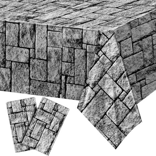 Kochorie 2 Pieces Stone Wall Plastic Tablecloths 108 x 54 Inches Disposable Waterproof Medieval Stone Brick Table Covers Rustic Western Castle Knight Themed Party Table Decorations - style: Stone Wall