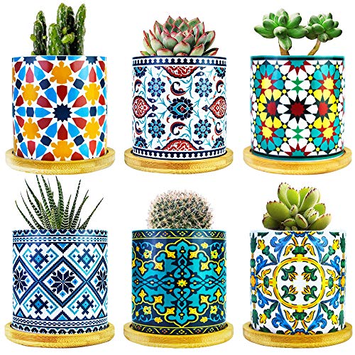 6 Pack Mandala Succulent Plant Pot with Bamboo Trays, Ceramic Multicolored Succulent Container Planter Pot for Small Plant - color: B Style