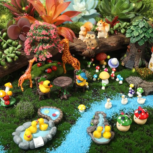 84 Pcs Fairy Garden Accessories Mini Garden Accessories Mini Resin Animals Mushroom Squirrel Duck Rabbit Bridge Pond Owl Micro Landscape Ornaments Kit for DIY Garden Dollhouse Terrarium Succulent