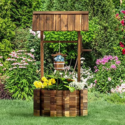 Aoxun 22" Wooden Wishing Well Planters with Hanging Bucket | Garden Helper, Rustic Garden Decor for Outside, Yard, and Patio, Upgrade Reinforced Base, Brown - size: 22" w/ Reinforced Rod