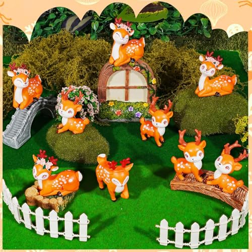 Exasinine 12Pcs Miniature Deer Figurines Forest Woodland Animal Miniatures for Crafts Fairy Garden Accessories Small Deer Ornaments Cake Toppers