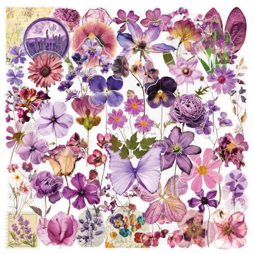 50PCS Purple Flower Transparent Stickers - style: Purple Flowers