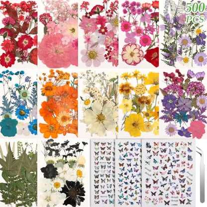500 PCS Dried Flowers Butterfly Stickers for Crafts Real Natural Pressed Flowers Dry Leaves Kit for DIY Making Crafts Resin Soap Candle Scrapbook Supplies Card Making Jewelry - size: 500 Pcs Dried Flowers with Butterfky